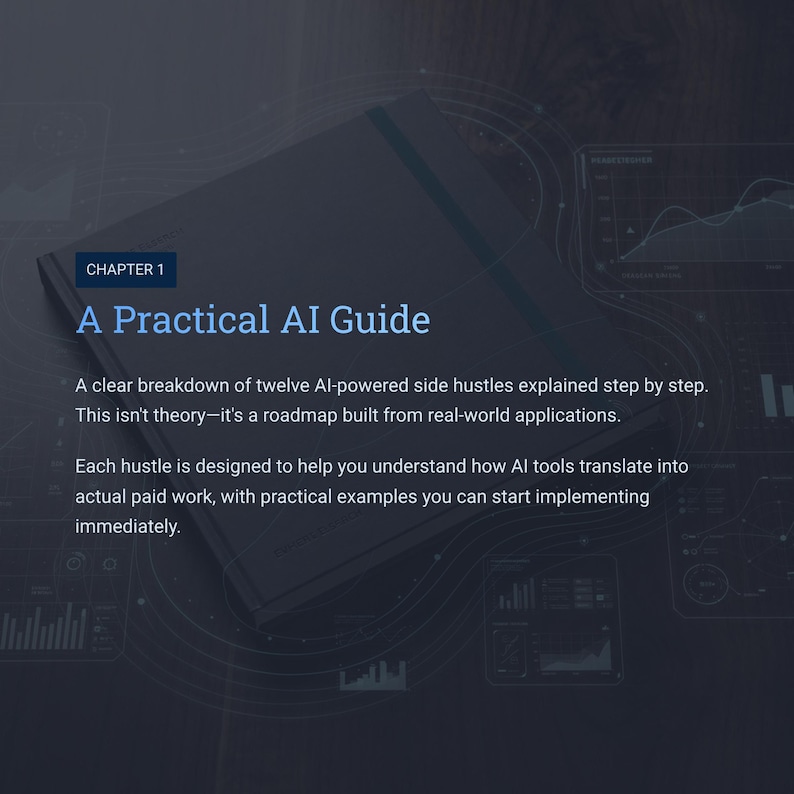 May include: A Practical AI Guide book with the text "Chapter 1" and "A Practical AI Guide" on the cover. The book is on a dark blue background with graphic elements and text describing AI-powered side hustles.