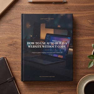 May include: A black hardcover book titled How to Use AI to Build a Website Without Code. The cover features a graphic of a laptop displaying a website interface, with the text Limitless Guides at the top and The Designed Edition at the bottom.