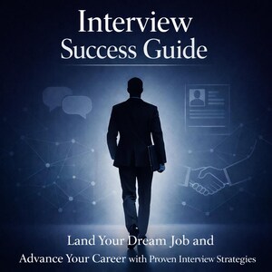 Peut inclure: Image bleu foncé avec le texte "Interview Success Guide". Silhouette d'une personne en costume s'éloignant du spectateur. Le texte "Land Your Dream Job and Advance Your Career with Proven Interview Strategies" est en bas.