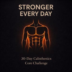 30 dagen thuistrainingsplan, geen apparatuur, gymnastiek-uitdaging voor kracht en core, fitnessgids voor beginners, digitale pdf