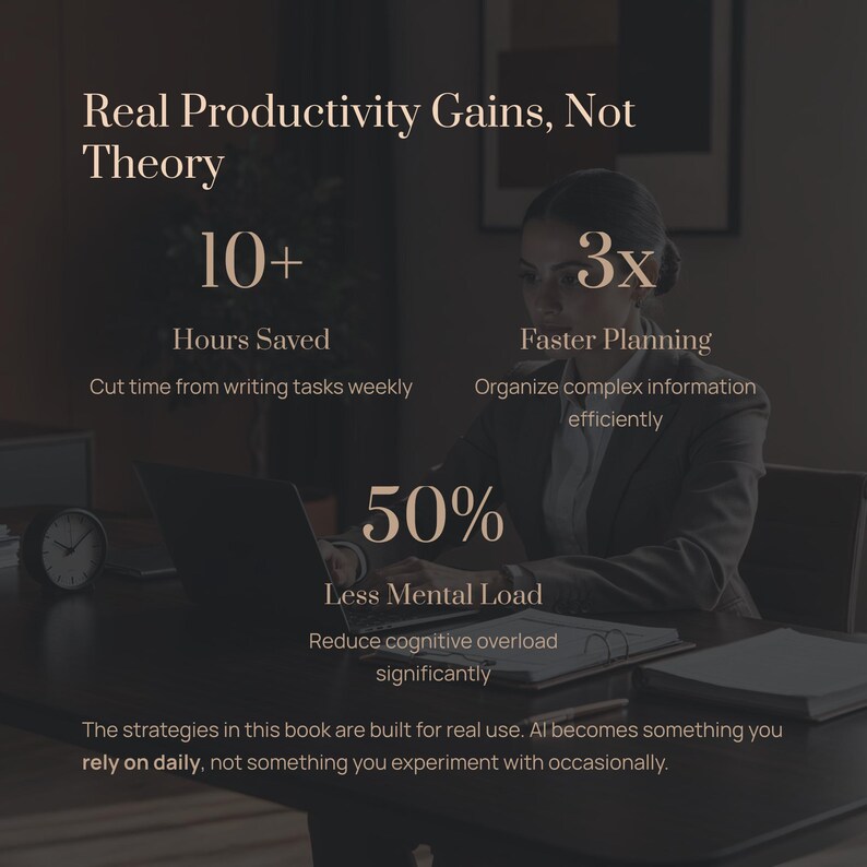 May include: Image promoting productivity gains. Text reads "Real Productivity Gains, Not Theory." Statistics include "10+ Hours Saved," "3x Faster Planning," and "50% Less Mental Load." A person is working on a laptop at a desk.