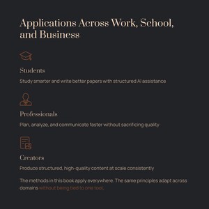 May include: A dark background with text in a serif font. The text reads "Applications Across Work, School, and Business." Below, it lists Students, Professionals, and Creators, with descriptions of their uses.