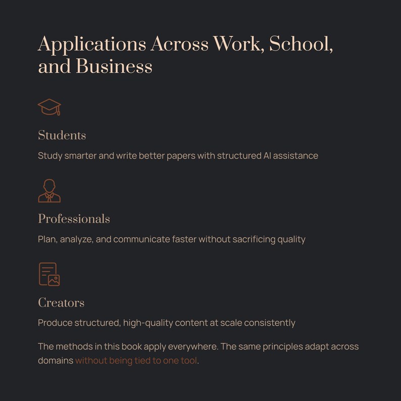 May include: A dark background with text in a serif font. The text reads "Applications Across Work, School, and Business." Below, it lists Students, Professionals, and Creators, with descriptions of their uses.