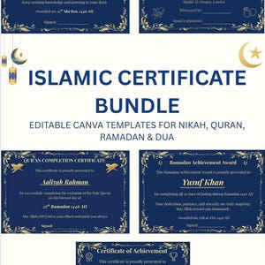 Puede incluir: Un paquete de certificados islámicos con plantillas editables de Canva para Nikah, Corán, Ramadán y Dua. La imagen muestra certificados para la memorización de Dua, Nikah, finalización del Corán, premio de Ramadán y un certificado general de logro. Fondo azul oscuro con bordes dorados.