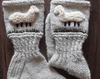 Hand-knitted light grey women socks /Sheep socks / Woman socks/Hand knitted socks /White wool socks / Great gift / Warm socks / Winter socks