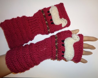 Hand-knitted pair of raspberry color wrist warmers with hand needlecrafted sheep,Winter accessories - Pure wool mittens - Knitted gift ideas