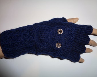 Hand-knitted women navy color fingerless gloves with knitted owl, Owl mittens,Owl wrist warmers,Grey owl gloves,Woolen christmas arm warmers