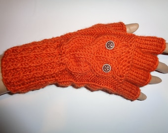 Hand-knitted women orange color fingerless gloves with knitted  owl,Owl mittens,Owl wrist warmers,Grey owl gloves, christmas arm warmers