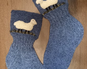 Hand-knitted jeans color women socks /Sheep socks /Woman socks/Hand knitted socks /White wool socks / Great gift / Warm socks / Winter socks