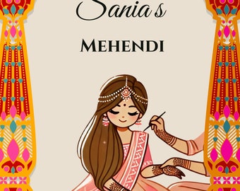 Letrero de bienvenida a la ceremonia de mehendi editable: impresión digital para bodas indias, decoración de noche de henna, póster de mehendi Hai Rachne Wali
