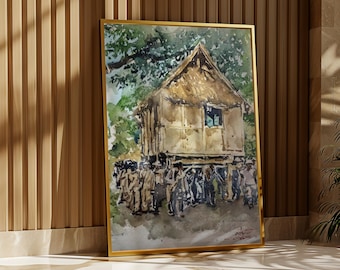 Filipino Bahay Kubo Art Bayanihan Tradition Watercolor Print Painting,Neighborhood Philippines,Childhood Philippines Art,Filipino Wall Decor