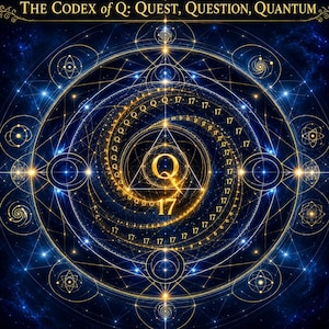 Puede incluir: Un gráfico digital titulado The Codex of Q: Quest, Question, Quantum con una letra Q dorada central y el número 17 dentro de un triángulo. Una espiral de Q y 17 repetidos irradia hacia afuera, rodeada de intrincados patrones geométricos dorados.