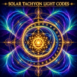 May include: A digital graphic featuring the text SOLAR TACHYON LIGHT CODES at the top. The image displays a complex, glowing golden geometric pattern with concentric circles, triangles, and star-like symbols against a deep blue and purple background.