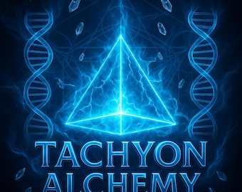May include: A glowing blue graphic design featuring a central pyramid surrounded by swirling energy, two DNA double helix strands on the sides, and floating crystal shards. The text TACHYON ALCHEMY is displayed in bold blue letters at the bottom.
