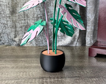 Pink Monstera Albo Coaster Planter, Pastel Plant Lover Gift, 3D Printed Desk Decor