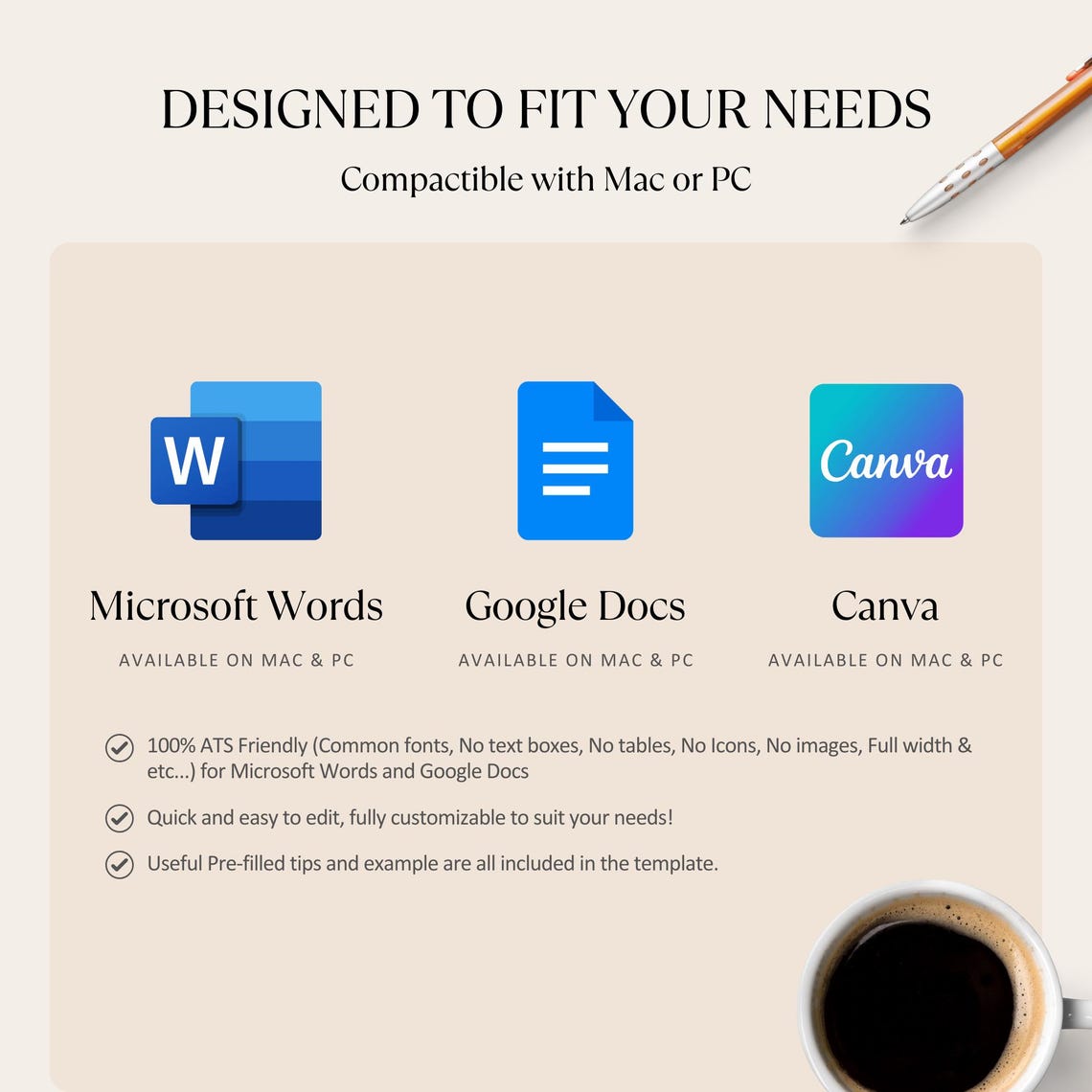ATS Friendly Resume Template Word, Canva, Google Docs, ATS Resume, ATS
