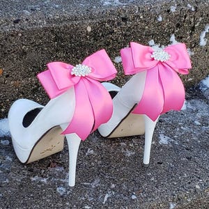 Hot Pink Bow Shoe Clips, Wedding Shoe Clips, Satin Bow Shoe Clips, Rhinestones, Satin Shoe Clips,  Jewelry for Shoes,  Bridal Shoes Clips