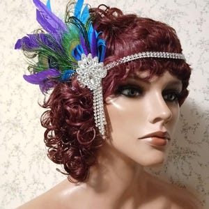 Peacock Feather Fascinator, 1920s Flapper Rhinestone Headband,  Silver Rhinestone Headband, Great Gatsby Accessories,  Peacock Hair Band