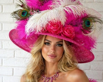 Pink wide Brim Kentucky Derby Hat, Special Occasions,  Wedding Hat, Royal Crown Derby Hats, Oaks, Church Hat