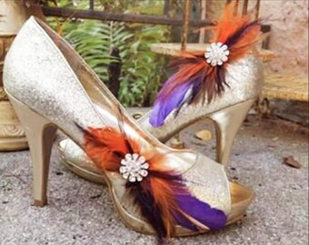 Feather Shoe Clips, Bridal Rhinestone Shoe Accessories, Orange, Brown, Purple