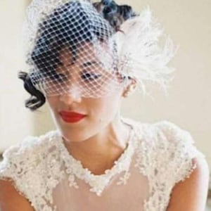 Ivory Cream Bridal Fascinator with Birdcage Veil, Flapper Headpiece, Ivory Cream Wedding Combs, Feather Hair Clip, 1920s Gatsby Style