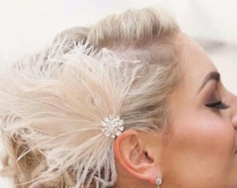 Bridal Feather Fascinator, Ivory Peacock & Ostrich Feather Hair Clip, 1920s Gatsby Style