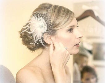 Ivory Feather Fascinator, Bridal Headpiece, Gatsby Flapper Style