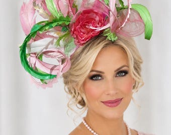 Roze limoengroene fascinator met veren, hoed voor de Kentucky Derby, Royal Ascot Races, hoofddeksel voor een theekransje