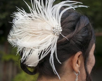 Ivory Feather Fascinator, Rhinestone Hair Clip, Gatsby Bridal
