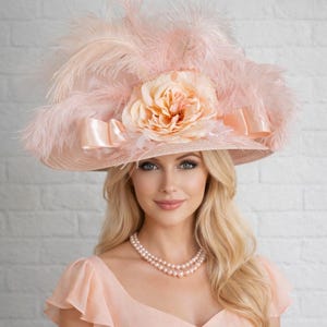 Women’s Decorative Wide-Brim Hat with Peach Feather Trim M721-BB ( Ivory + More Color Options ) Kentucky Derby Hat  main image 2