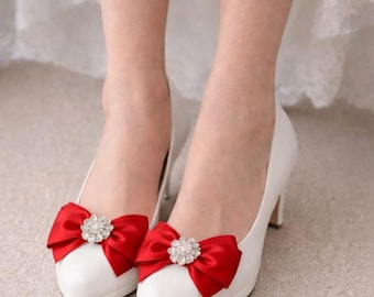 Satin Bow Shoe Clips, Rhinestone Bridal Accessory
