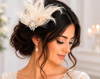 Feather Fascinator: Ivory Bridal Headpiece, 1920s Gatsby Style, Wedding Hair Accessories