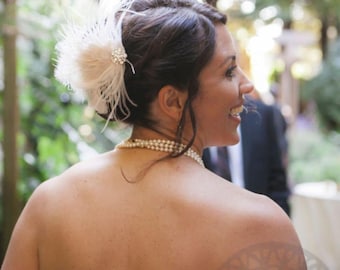 Ivory Feather Bridal Fascinator, Crystal Rhinestone, Gatsby Headpiece