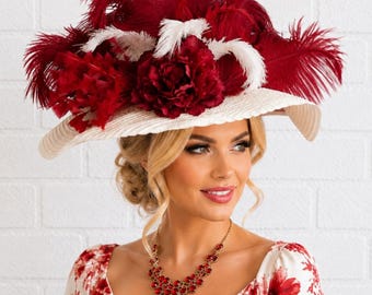 Deep Red Kentucky Derby Hat, Ostrich Feathers  Special Occasions, Royal Crown,  Wedding Hat, Queens Tea Hats, Oaks, Women's Fancy Hat