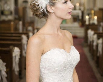 Ivory Feather Fascinator, Rhinestone Flapper Headpiece, Bridal Hair Clip