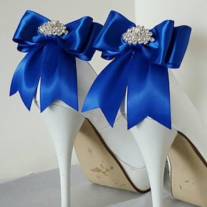 Royal Blue Bow Shoe Clips, Wedding Shoe Clips, Satin Bow Shoe Clips, Rhinestones, Satin Shoe Clips,  Jewelry for Shoes,  Bridal Shoes Clips
