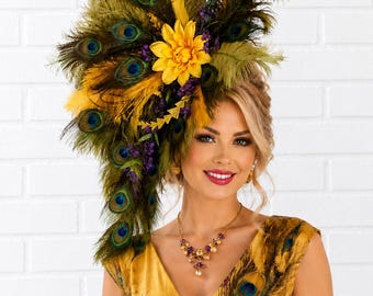 Tocado de plumas de pavo real, tocado grande de plumas de pavo real, tocado para bailarinas, tocados para ocasiones especiales, sombreros para el día de las carreras.