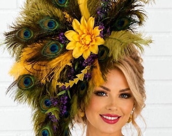 Fascinator con piume di pavone, grande fascinator con piume di pavone, copricapo da showgirl, fascinator per occasioni speciali, cappelli per il giorno delle corse
