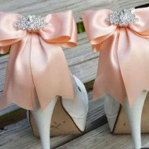 Bow Shoe Clips, Wedding Shoe Clips, Satin Bow Shoe Clips, Rhinestones, Peach Satin Shoe Clips,  Jewelry for Shoes,  Bridal Shoes Clips