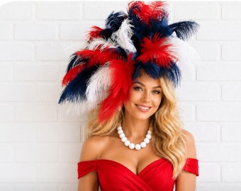 Showgirl Red, White and Blue Elegant Hat, Kentucky Derby Fascinator, Royal Crown, Oaks, Special Occasion , 4th of July,  250th, Patriotic