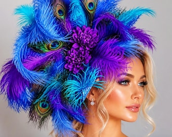 Navy Blue Kentucky Derby Fascinator Peacock Feathers, Royal Crown Hat, Oaks, Queens Tea Party Hats, Special Occasion Hats, Wedding