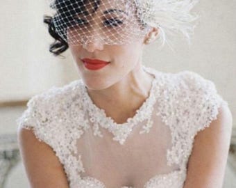 Ivory Feather Bridal Fascinator, Birdcage Veil, 1920s Flapper Style