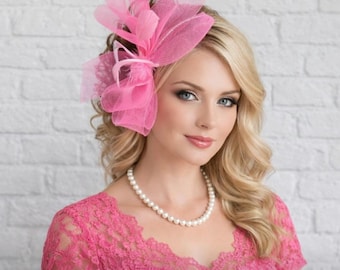 Pink Sinamay Feather Fascinator, Ascot Races, Derby Hat