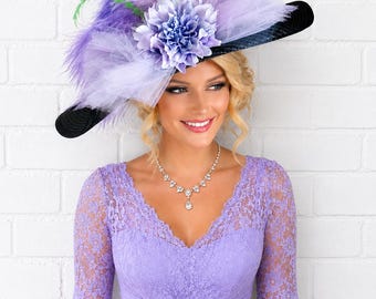 Sombrero Ascot de ala ancha color lavanda negro, sombrero para el Derby de Kentucky, sombrero para fiesta de té de la iglesia, fiesta en el jardín, cumpleaños, compromiso, sesión de fotos nupcial