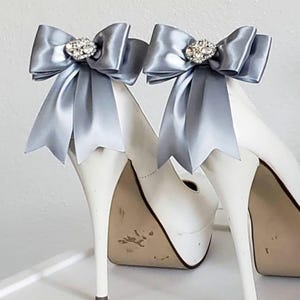 Silver Satin Bow Shoe Clips, Wedding Clips, Bow Shoe Clips, Rhinestones, Wedding Party,  Bridal Shoes Clips, High Heels Shoe Clips Bride