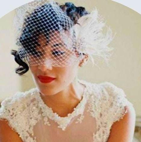 Ivory Feather Bridal Fascinator, Birdcage Veil, 1920s  display picture 2