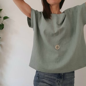 Linen loose fit top, pleat-back boxy 80's style linen top, minimalist linen blouse, duck-egg blue linen boat neck top image 8