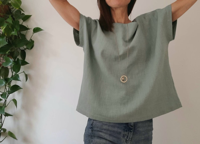 Linen loose fit top, pleat-back boxy 80's style linen top, minimalist linen blouse, duck-egg blue linen boat neck top image 8