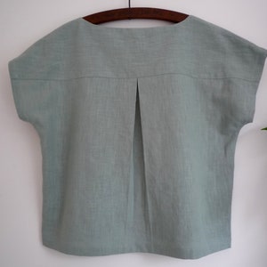 Linen loose fit top, pleat-back boxy 80&#39;s style linen top, minimalist linen blouse, duck-egg blue linen boat neck top