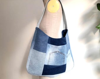 Denim casual shoulder bag from recycled jeans, sustainable denim bag with pockets